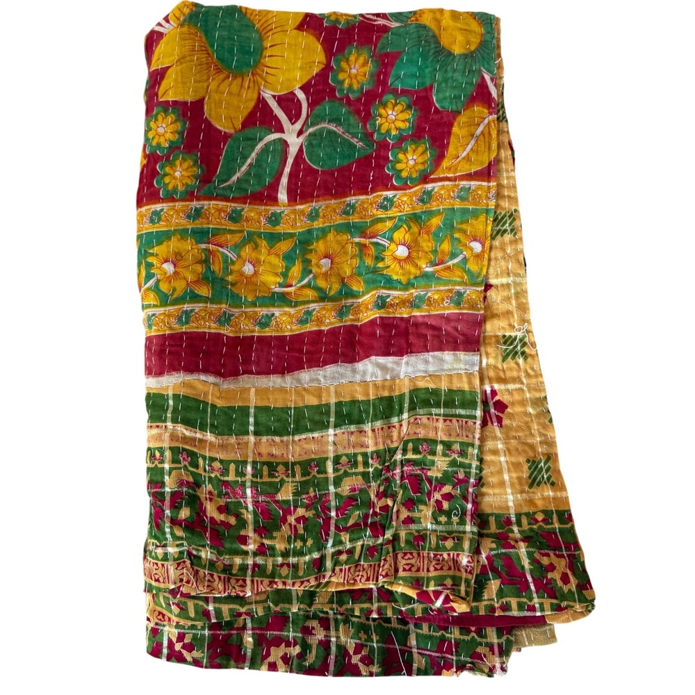 Handmade Kantha Throw Blanket 100% Cotton Floral Patchwork Quilt 50x80 India